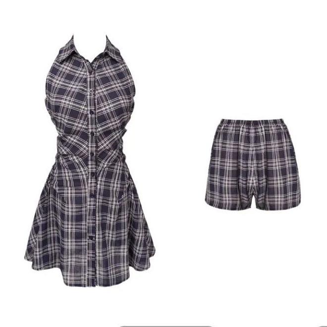 French Chic Sleeveless Polo Shirt & Plaid Skirt Set: Summer Waist-Cinching Button-Up Dress with Sweet & Spicy Style