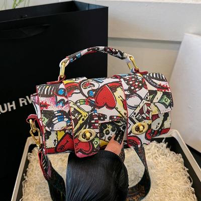 New Designer Cartoon Graffiti Handbag Women Bag Fashion Wide Strap Shoulder Bag Small Square Crossbody Phone Bag
