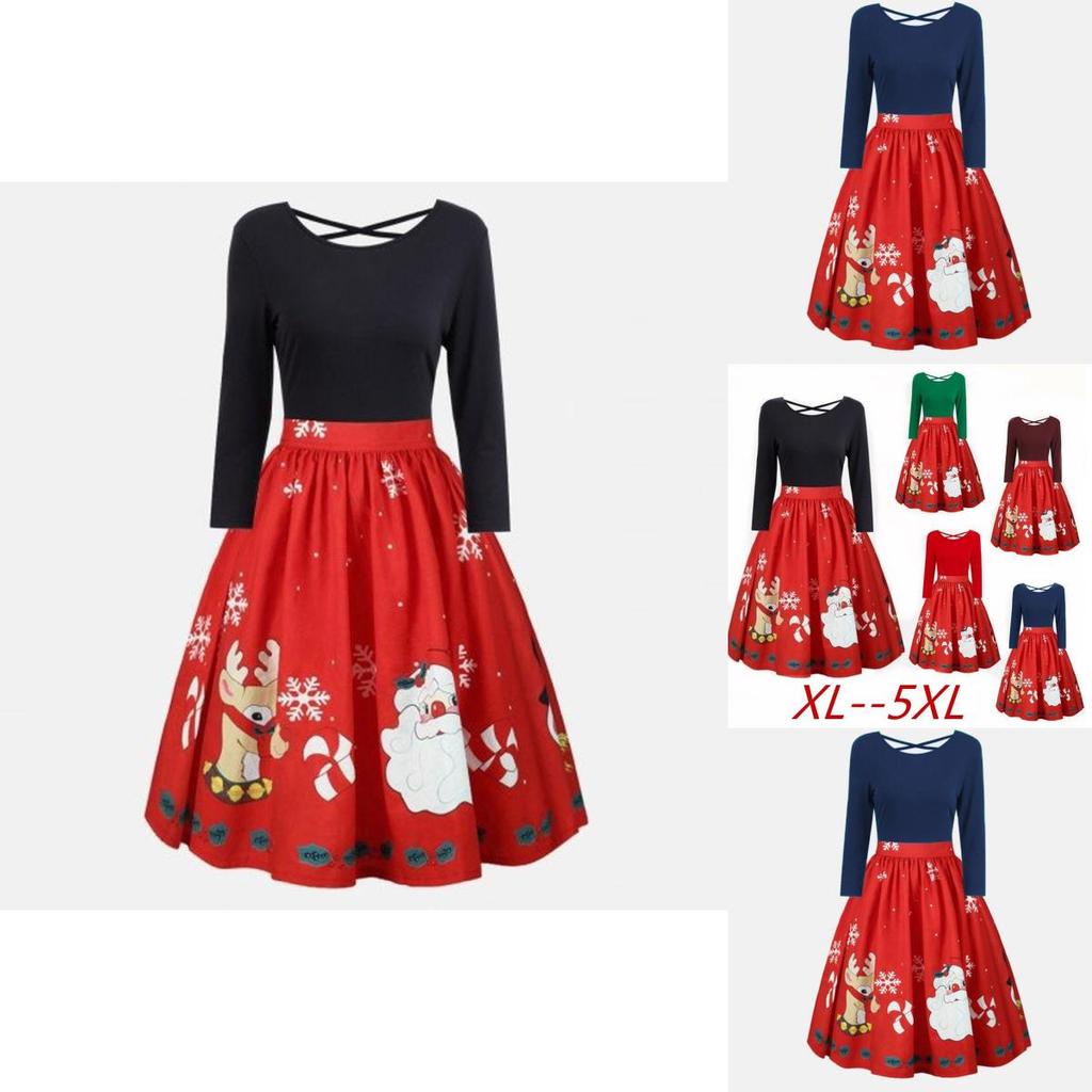 Elegant Womens Fashion Long Sleeve Plus Size Christmas Print Criss Cross Party Dress