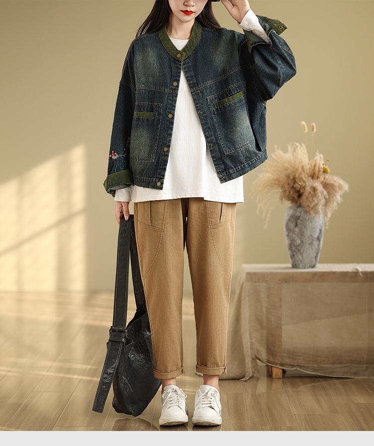 2024 Women's Loose Korean Style Embroidered Denim Jacket with Stand Collar and Long Sleeves