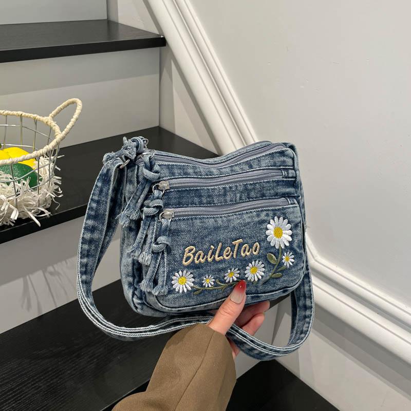 Lightweight Denim Zipper Crossbody Bag Stitching Line Embroidery Decoration Bag Hot Sale Casual Youth Women's Shoulder Bags