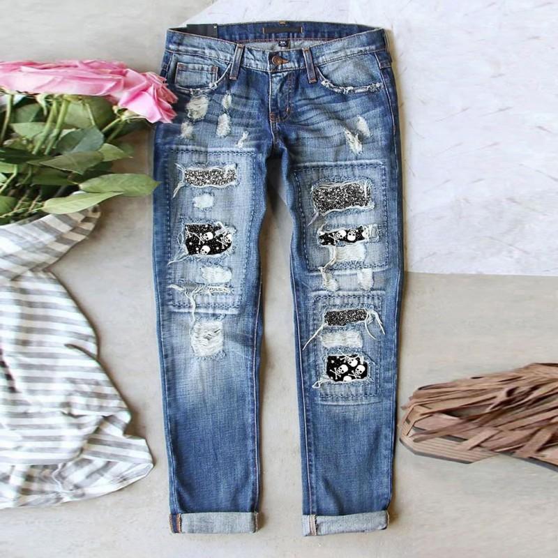 Womens Straight Cut Denim Jeans With Skull Patch Distressed Holes Mid-Rise Stretchy Cotton Blend