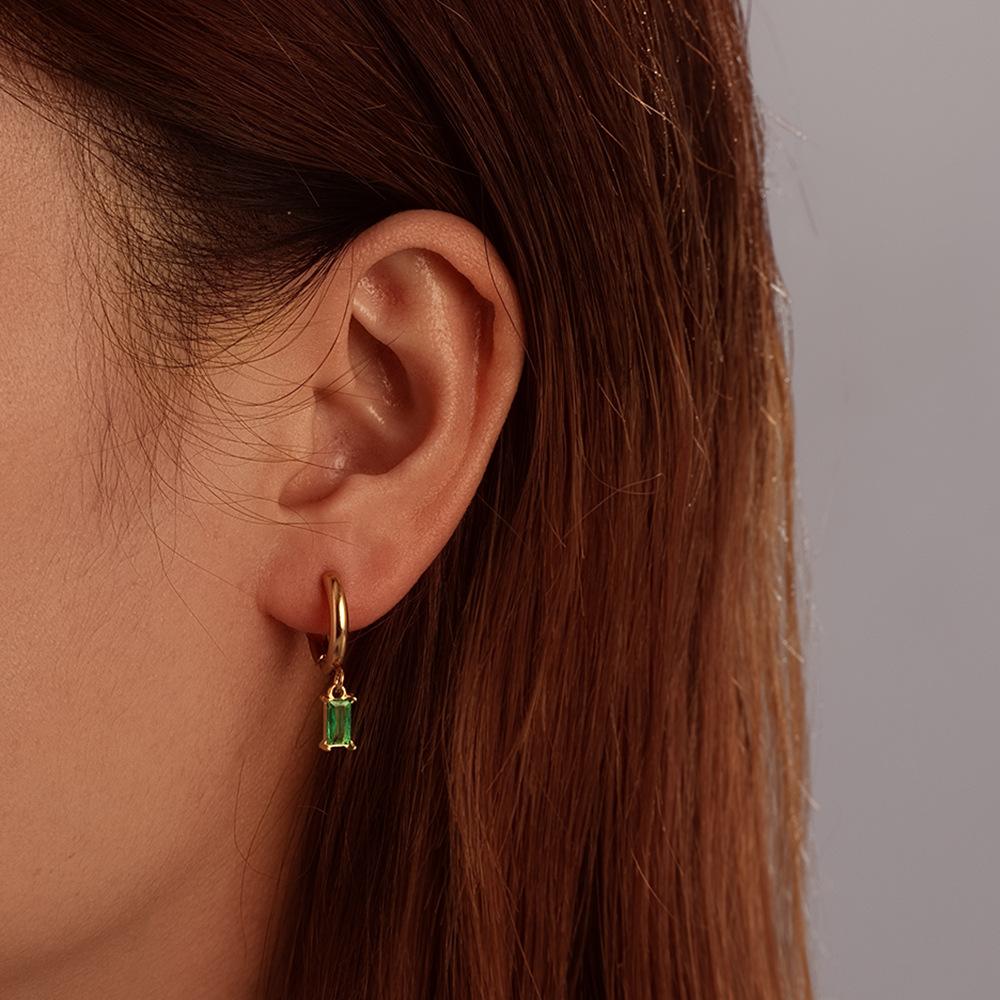 Antique rectangular stone green zircon earrings, fringed ear buckles, boutique jewelry, European and American fashion earrings, personalized small
