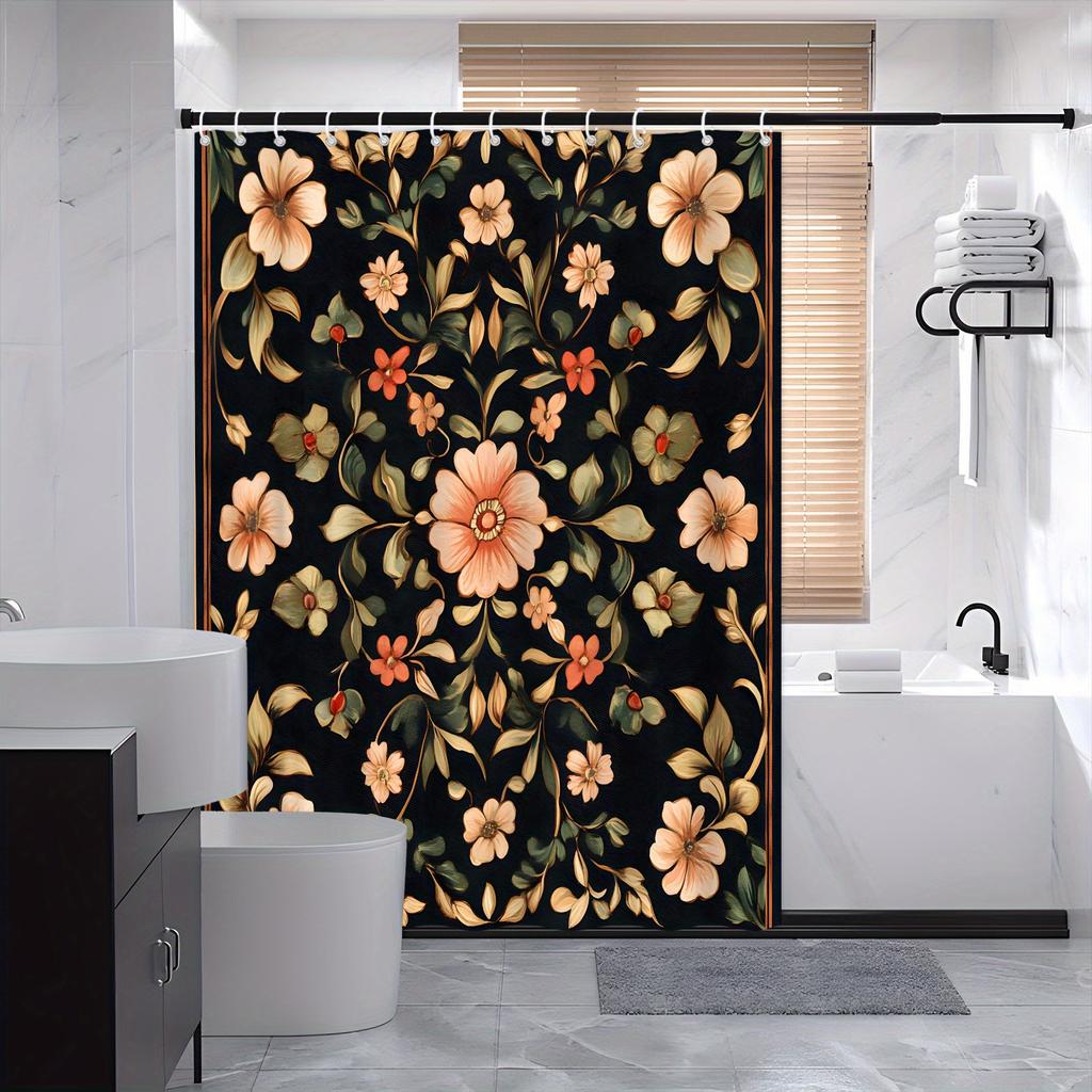 Stylish Floral Shower Curtain - Pink & Peach Flowers On Black, Yellow Accents, Botanical Design, Durable Polyester, Modern Bath