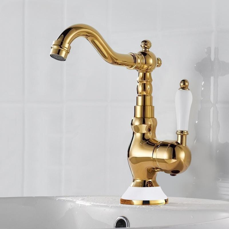 Brass gold bathroom basin sink faucet deck mounted Single handle hot and cold water mix tap Golden faucets Chrome