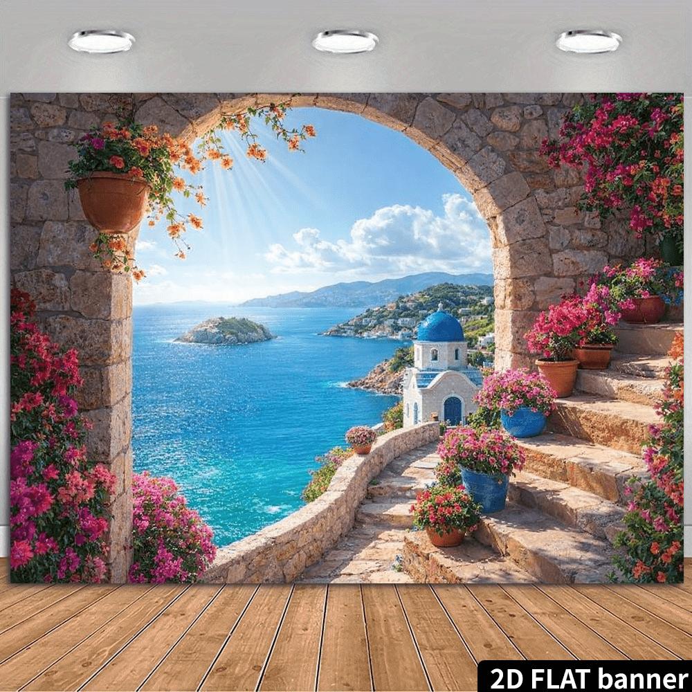 2D planar stone-step blue-roofed church with sea-view background fabric. Santorini style theme featuring winding stone steps.
