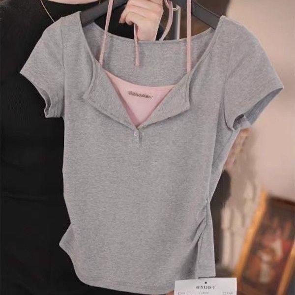 

Plus Size Cotton Korean Style V-Neck Halter T-Shirt & Shorts Skirt Set for Women, 2026 Summer Collection S (recommended 85-100 jin)