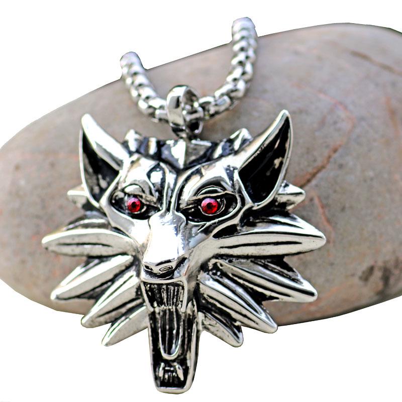 Men's Stainless Steel Red-Eyed Wolf Head Pendant