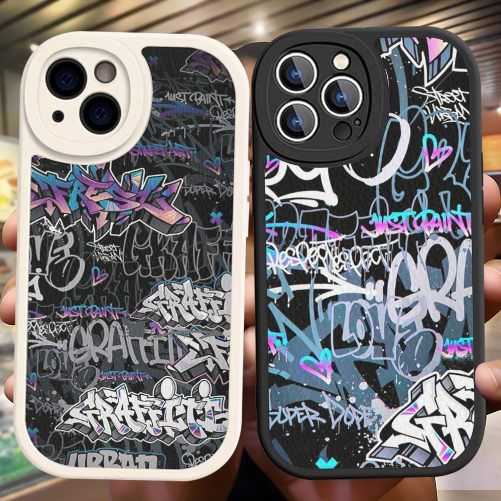 Coole Schwarze Graffiti Leder Handyhülle Für iPhone 16 15 14 17 Pro Max 11 12 Mini Plus Weiche Hülle