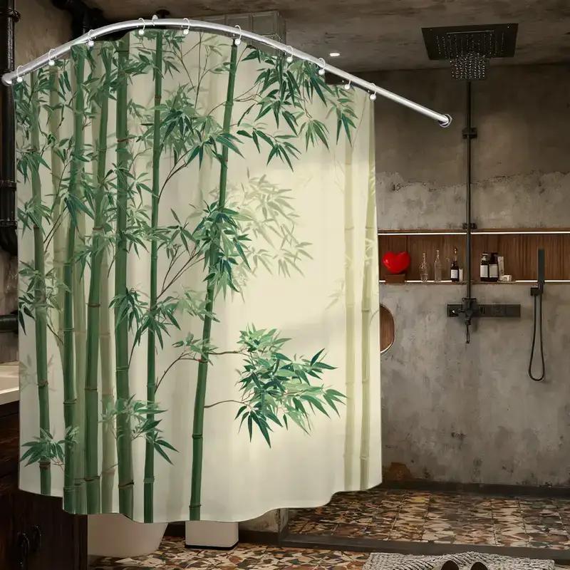 Pandara Jewelry Green/Cream Bamboo Forest Shower Curtain – Realistic Stalks & Leaves On Background, 12 Hooks, 70.87×70.87 Waterproof Bath Decor