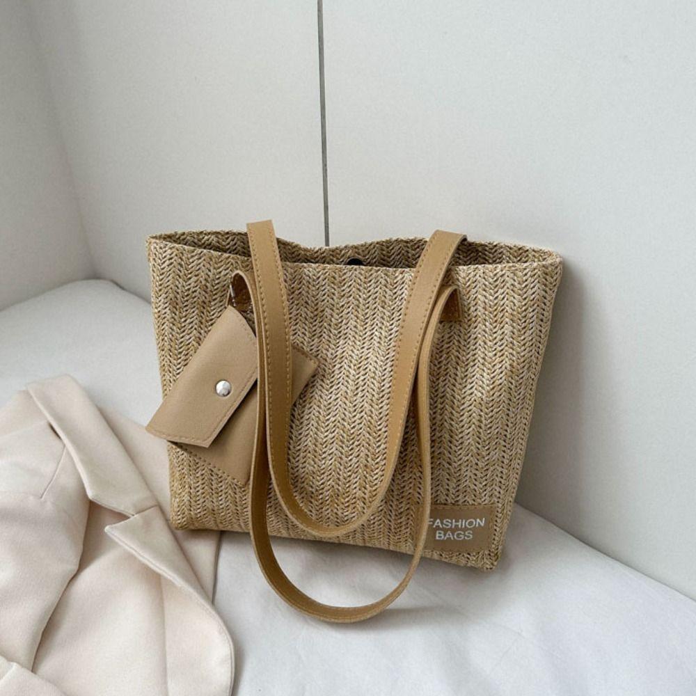 Bohemian Style Weave Straw Tote Bag Square Raffia Shoulder Bag Casual Beach Bag Streetwear
