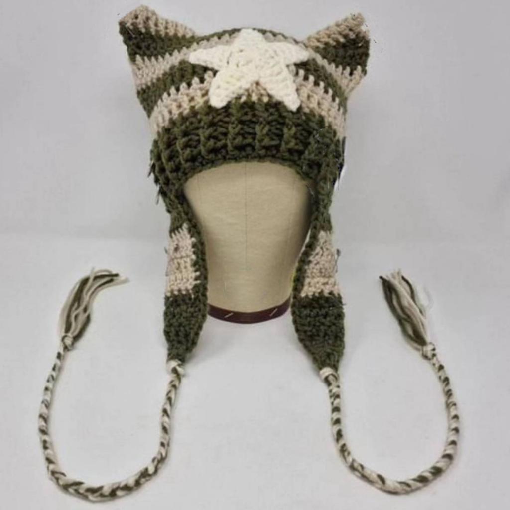Cat Ear Beanie Hat for Women Harajuku Style Star Patched Earflap Hat Handmade Crochet Hat Y2K Sweet Winter Warm Headwear