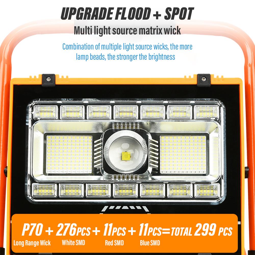 Solar LED flood light Outdoor searchlight Portable camping light Composed of 299 lamp beads With red and blue warning light