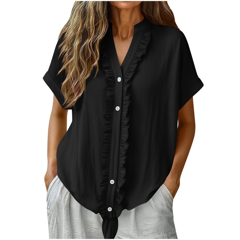 Women's Casual Short-Sleeve Cotton Linen Ruffled Button-Up Shirt