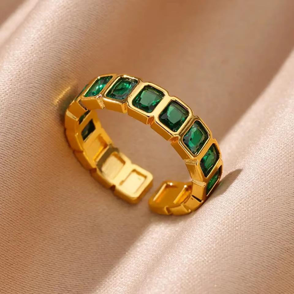 Luxury Stainless Steel Green Zircon Flower Rings For Women Snake Finger Ring Gold Plated Wedding Party Exquisite Zircon New