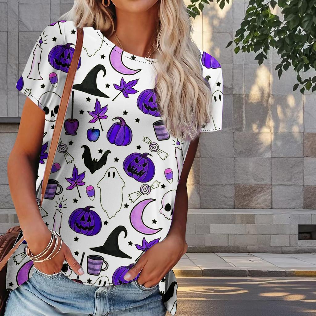 Women Summer T Shirt Halloween Print Retro Fashion Short Sleeve Tees Casual   Printed  Tops