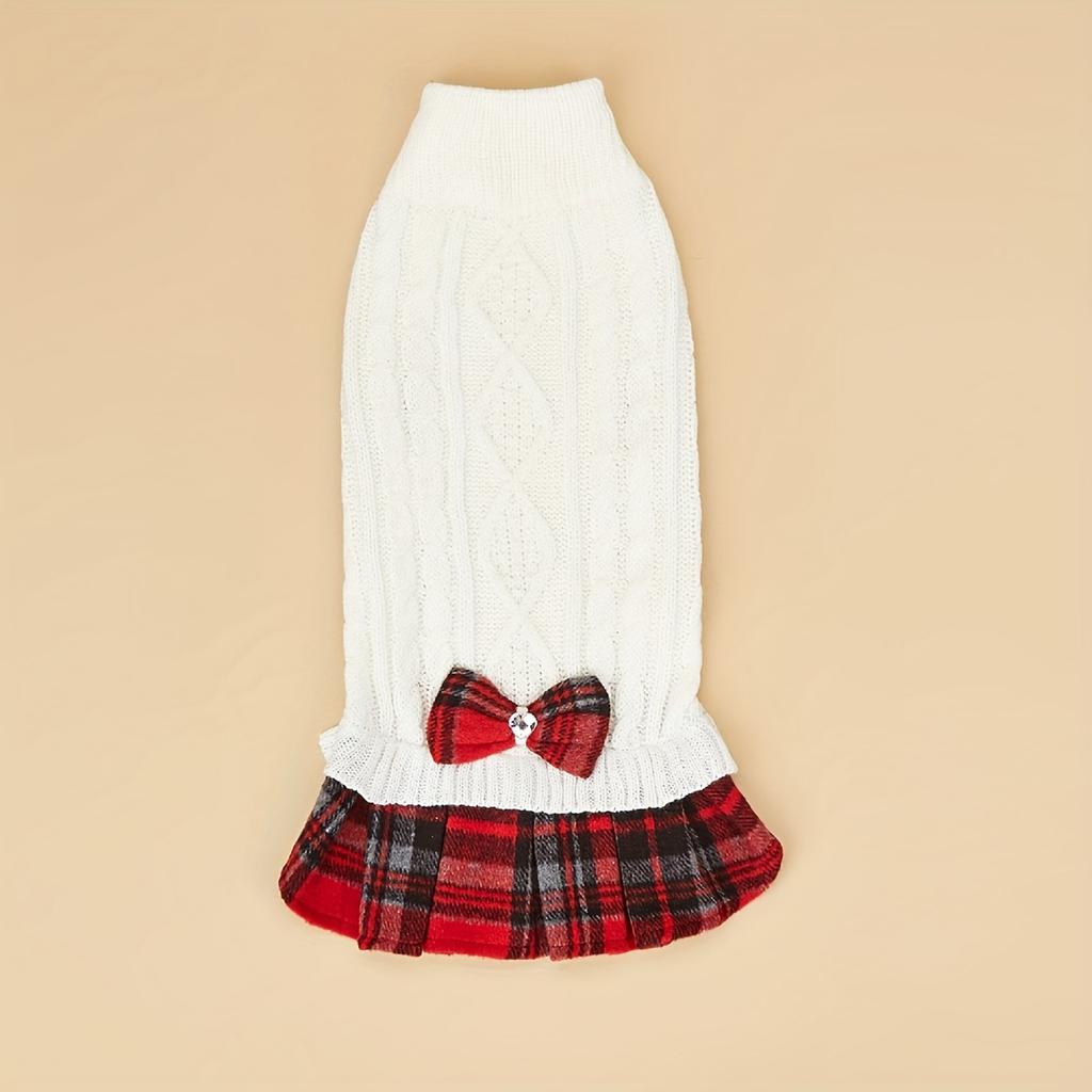 Hunde Pullover Kleid für kleine Hunde mit Fliege Rollkragen Gestricktes Hunde Kleid Haustier Hund Winterkleidung Warmer Pullover für Yorkies Chihua