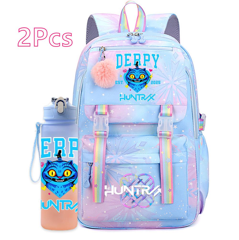 2Pcs/set New Anime Kpop Printed Backpack with 750Ml Water Bottler Large Capacity Travel Bag for Teenager Girl Boy Bookbag Kid Gift Large Capacity Bag