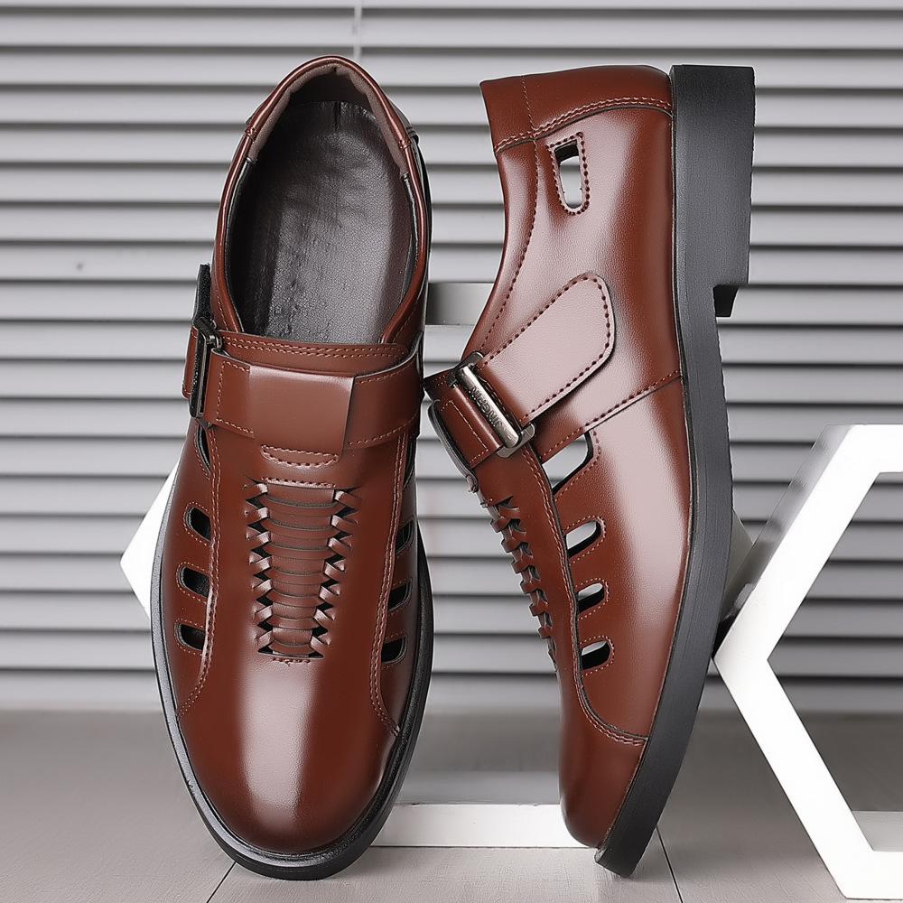 New Men's Large-size Sandals Breathable Business Dress Dad Shoes Engraved Wear-resistant Empty Holes Middle-aged and Elderly Leather Men's Shoes