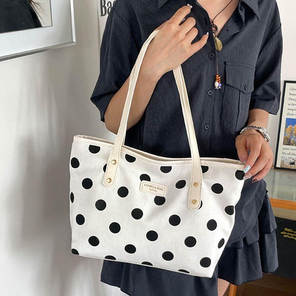 Handheld Polyester Women Tote Bag Large Capacity Casual Shopping Handbag Polka Dot Shoulder Bag Shopping Outing