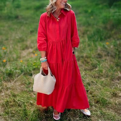 Damen 3/4-Ärmel Maxi-Kleid Knopfleiste Revers Swing-Kleid mit Taschen A-Linie Rüschen Gestuftes Strand-Sommerkleid