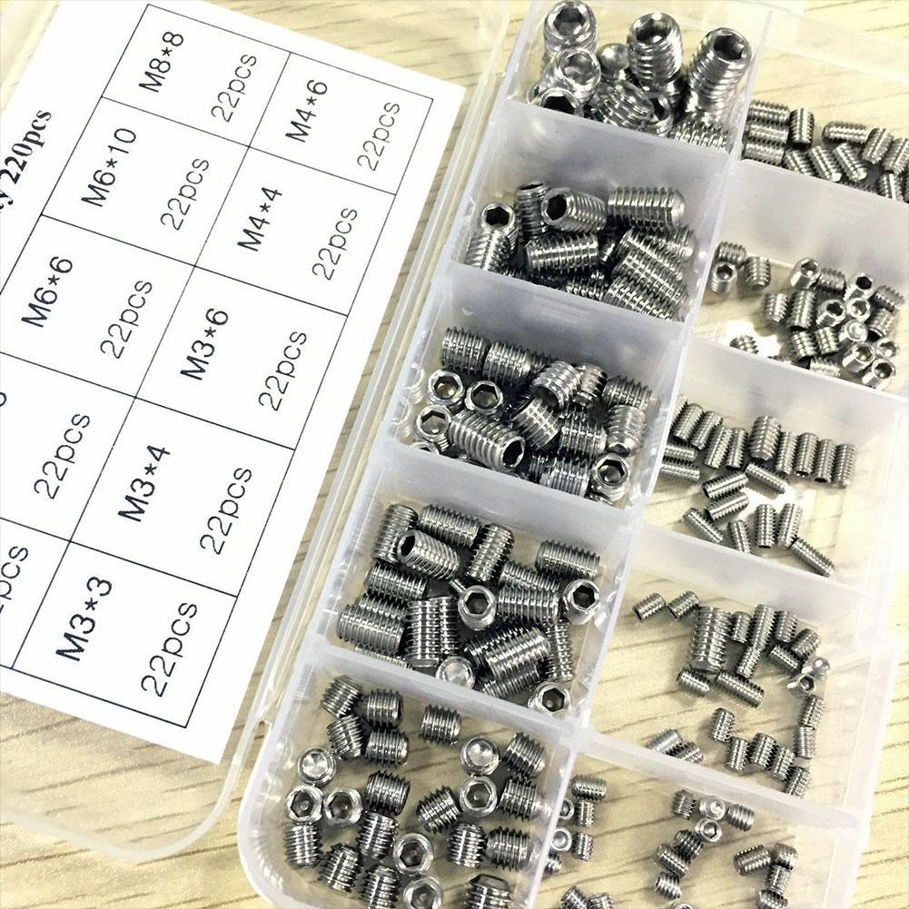 220pcs Stainless Steel Hex Set Screw Assortment Kit For Electronic Products, Chemical Industry, Mechanical Equipment, Furniture