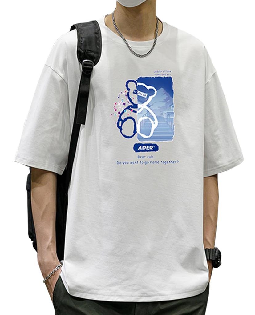 Fosroe Short Sleeve Summer with a Cute Bear Available In Plus Loose and Men's T-Shirt Print, Sizes, Fit, Soft, Comfortable, Unisex, White-3XL