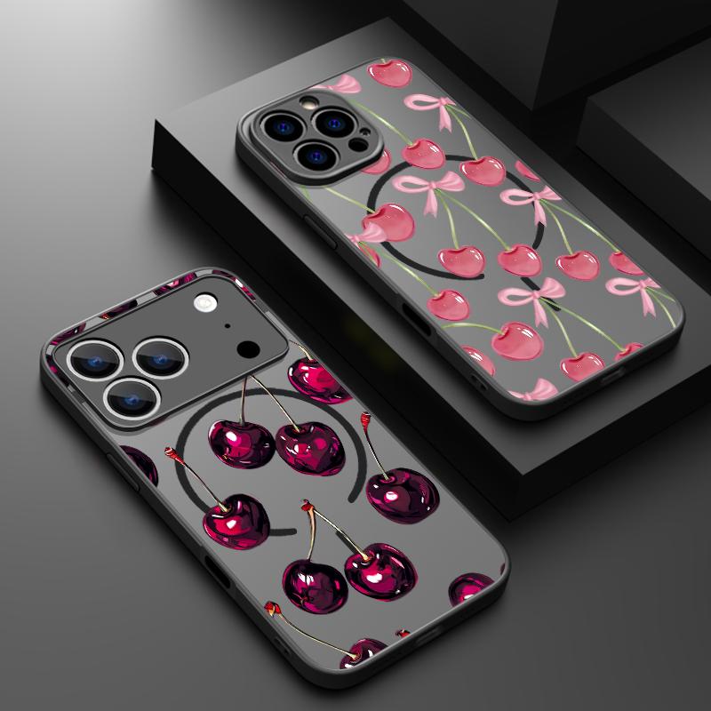 Thin Ring Magnetic For Magsafe Case For iPhone 17 Pro Max Case iPhone 16 15 14 13 Pro Max 17E Cherry Bowknots Print Hybrid TPU+PC Matte Cover