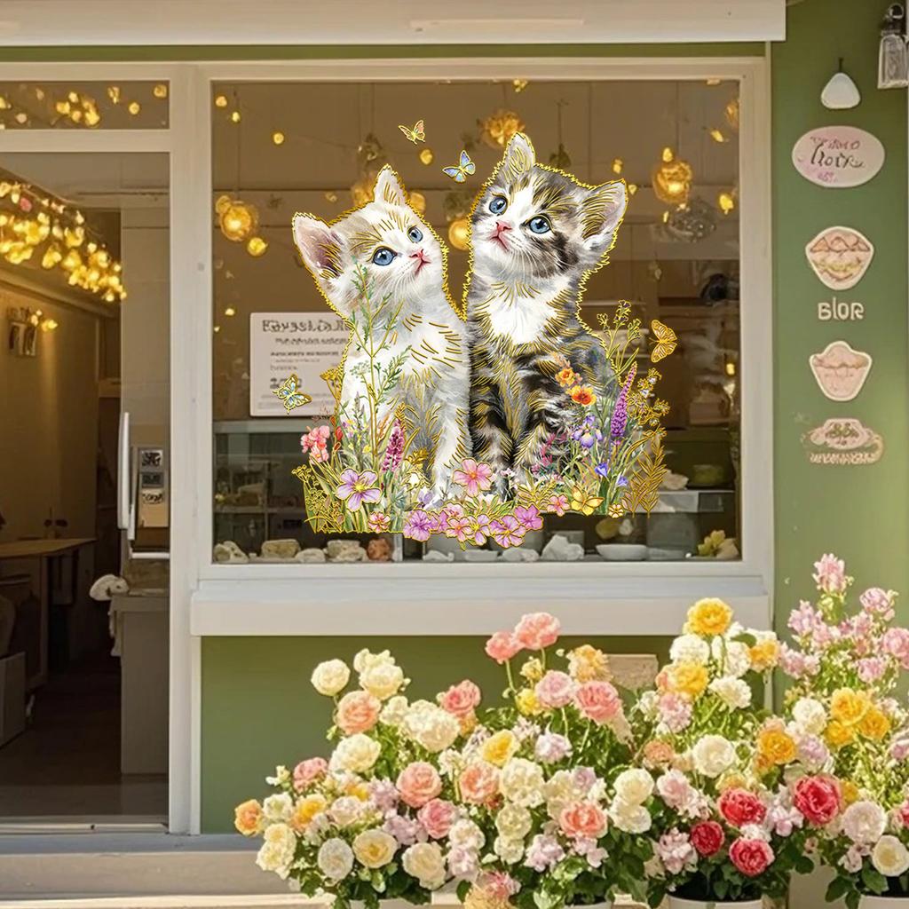 Da19031 Creative Bronzing Cute Cat Flower Window Sticker Store Home Decoration Double-Sided Visual Static Glass Sticker