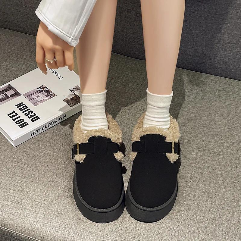 Fashion Korean Version of Thick Sole Woolen Shoes Women 2024 Winter New Wear Round Head Warm Plus Cashmere Fashion Casual Cotton Shoes