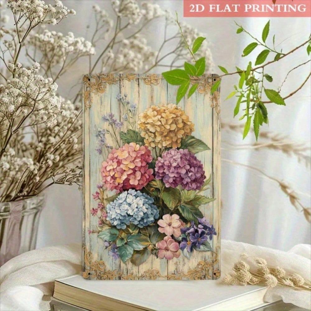 1pc Retro Metal Tin Sign, Vibrant Hydrangea Bouquet with Golden Accents, Vintage Floral Art, Rustic Farmhouse Wall Decor, 2D Flat