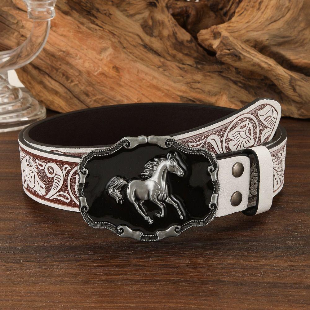 Luxury Design Floral Embossed Belt Running Horse Buckle Rodeo Outfit Waist Strap For Men Woman