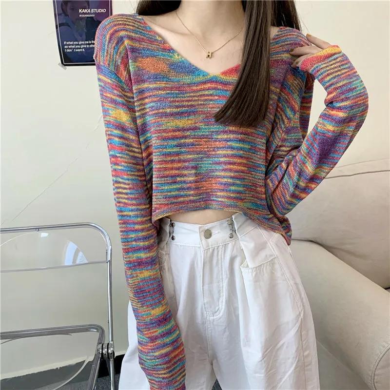 Sweater Rainbow Dye Striped Cropped Short Sweater Long Sleeve Knit V-Neck Loose Top Pullover Knit
