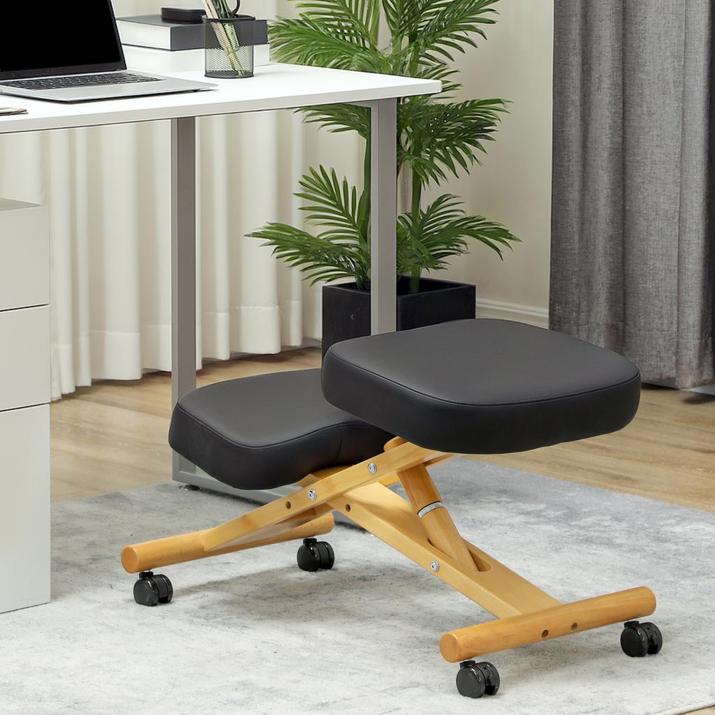 Ergonomic Posture Chair with Kneeler and Wheels, in Rubberwood, Black