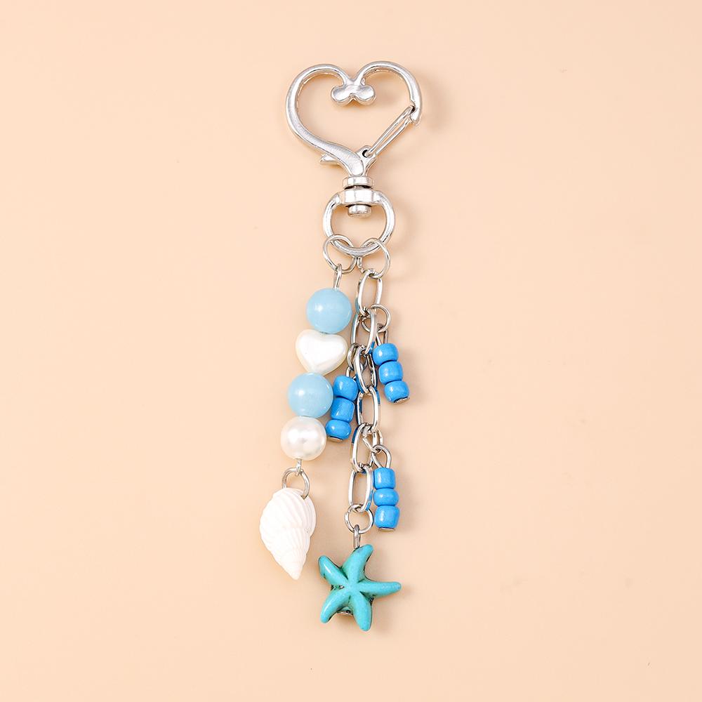 Fashion Summer Beach Shell Starfish Keychain Pearl Crystal Key Ring Pendants for Women Girls Handbag Decor DIY Jewelry Gifts