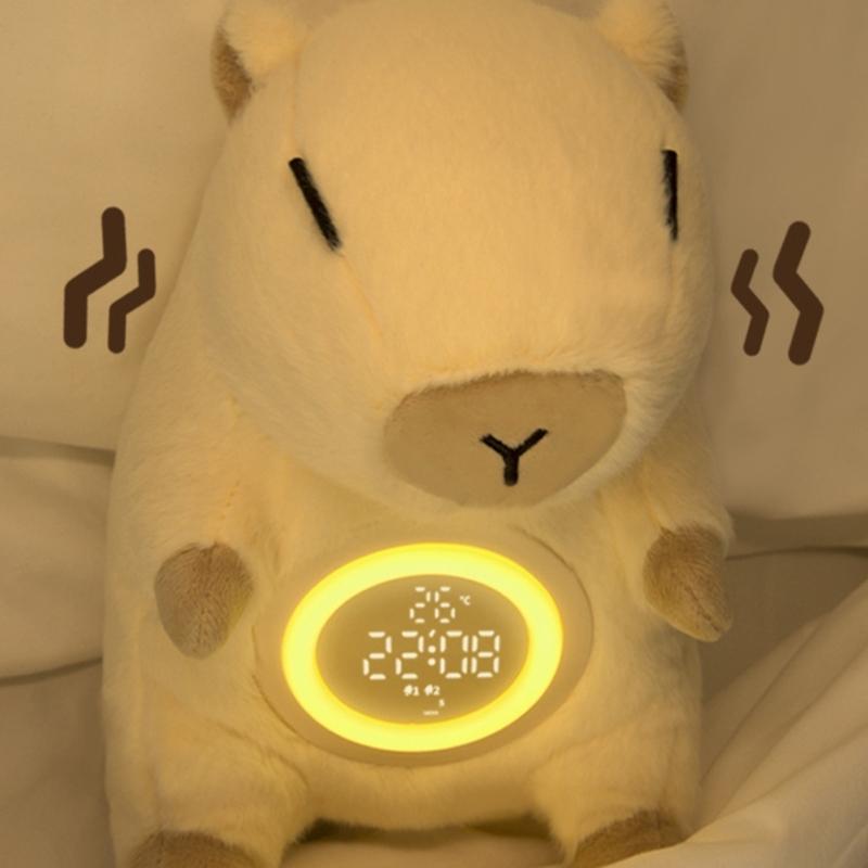 Kinder Plüsch Wecker mit Capybara-Thema und einstellbarer Helligkeit Nachtlicht 2 Alarme Schlummerfunktion USB-wiederaufladbar