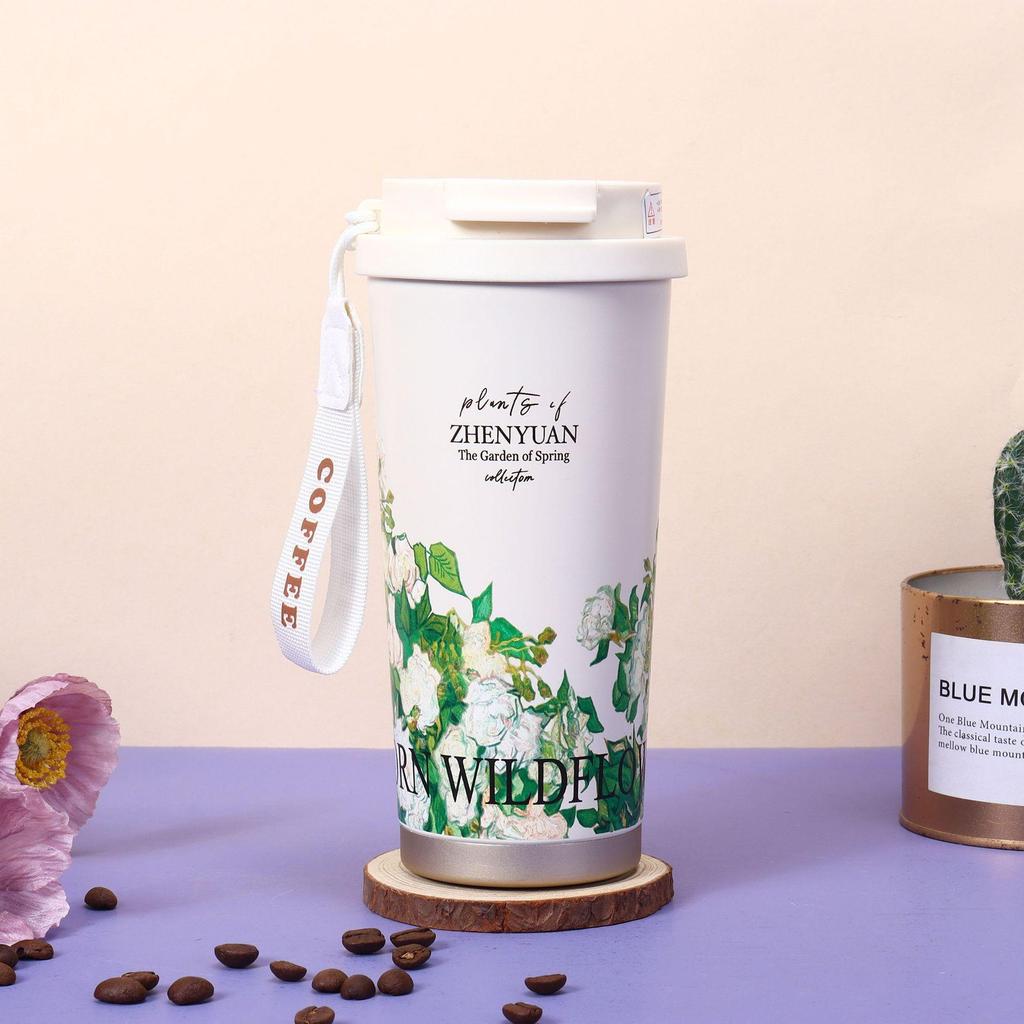 Maiglöckchen Edelstahl Isolierkaffeetasse - Großes Fassungsvermögen, Tragbar, mit Strohhalm für Draußen