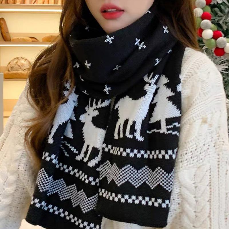 Winter Warm Women Christmas Scarf Xmas Pattern Double-sided Red Outdoor Warm Long Scarf Knitted Scarves Christmas Party Accessories