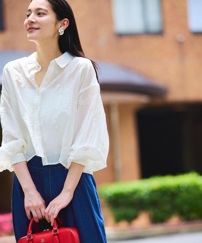 Blouse Floral Embroidered Shiny Sheer Blouse for White [BIS] [WEB Exclusive] Women, (11)