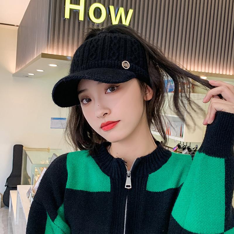 Winter Knitted Earflap Hat for Women Fashion Warm Baseball Cap with Visor Windproof Outdoor Sport Ponytail Hat Winter Accessory