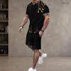 Men Plus Size Black Gold Printed Round Neck Short Sleeve Top Drawstring Shorts Two Piece Set