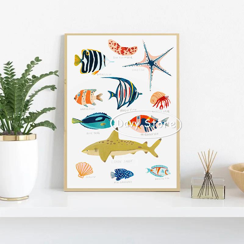 Sea Life Shells Tropical Fish Whale Posters and Prints Canvas Painting Wall Art Picture for Living Room Home Nautical Decor