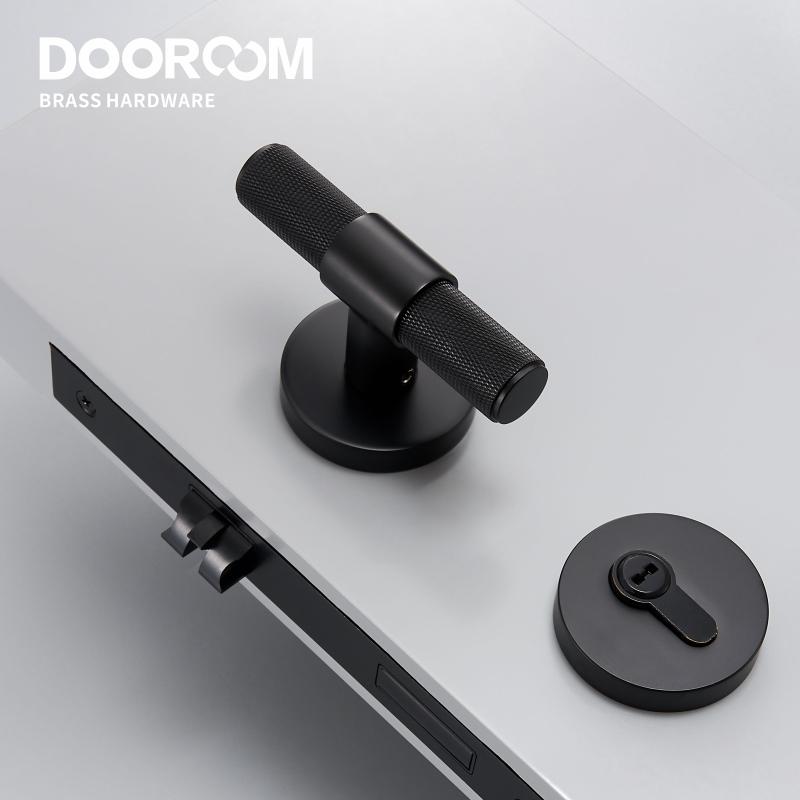 Dooroom Brass Door Lever Set Modern Knurled T-bar Interior Bedroom Bathroom Double Wood Door Lock Set Dummy Knob Hidden Door