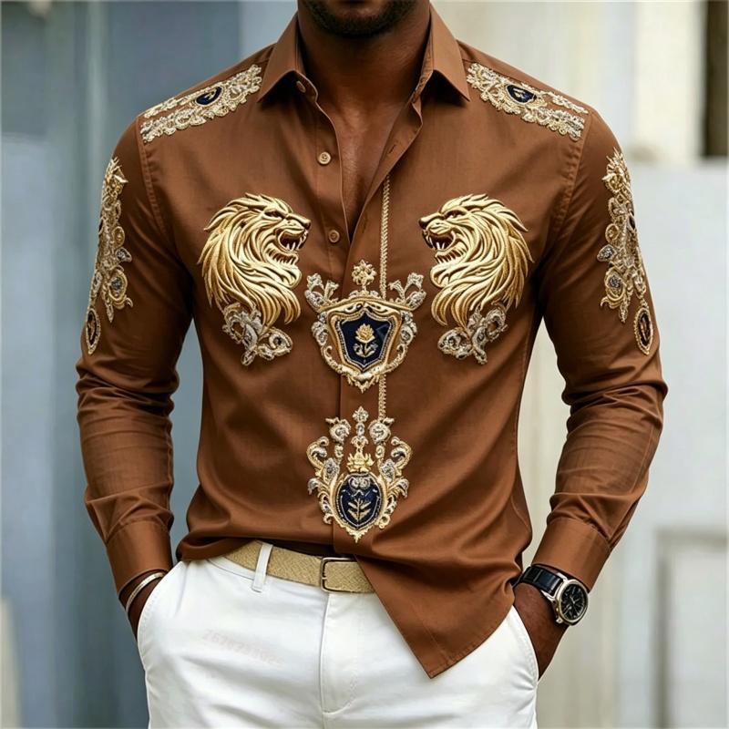 Camicia da uomo stile Barocco testa di leone design slim fit manica lunga camicia Business casual stile street abbigliamento uomo XS-6XL