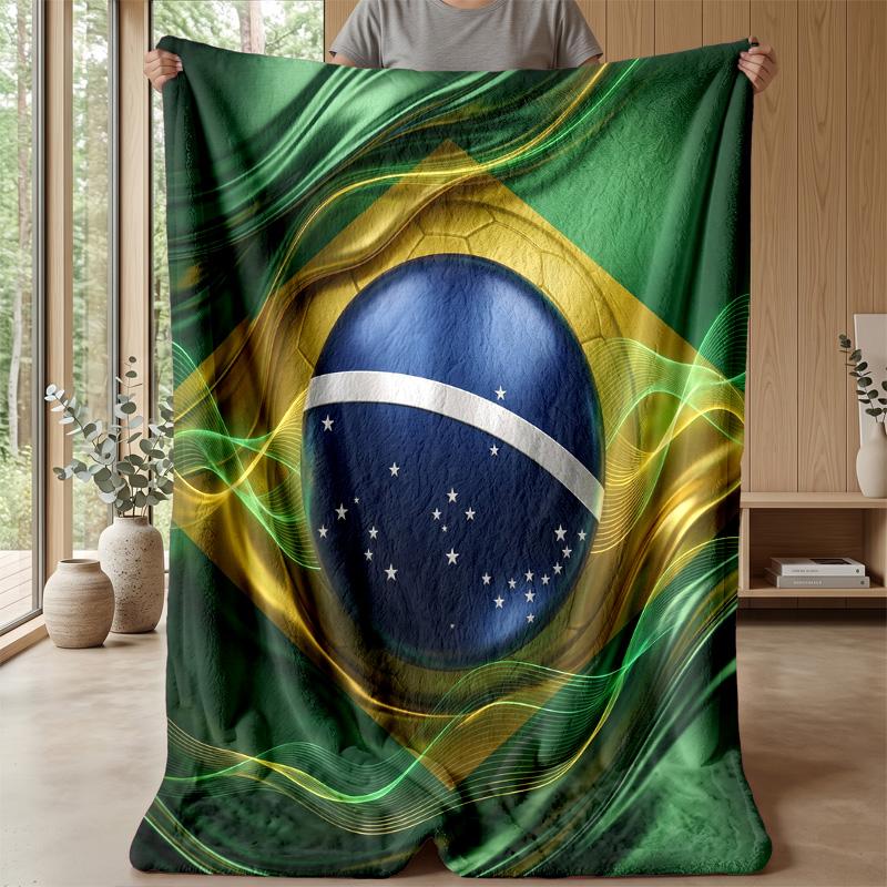 Brazil Football Printed Flannel Blanket Skin Friendly Warm Decorative Throw for Indoor Couch Bed Daily Use