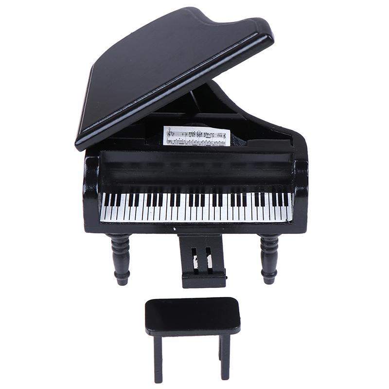 1:12 Dollhouse Miniature Black Wooden Grand Piano With Stool Model Play Toys