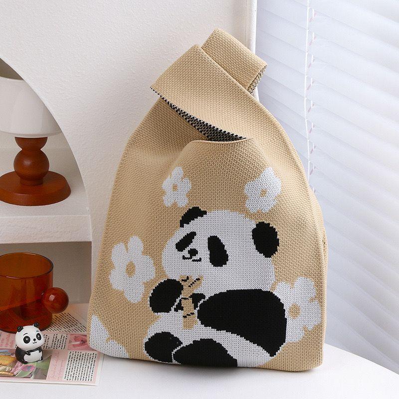 

Chengdu Panda Bag Net Red Grandpa Flower Cute Peripheral Knitted Bag Woven Hand Gift Cultural Creative Tote Bag Bamboo Flower/Khakis