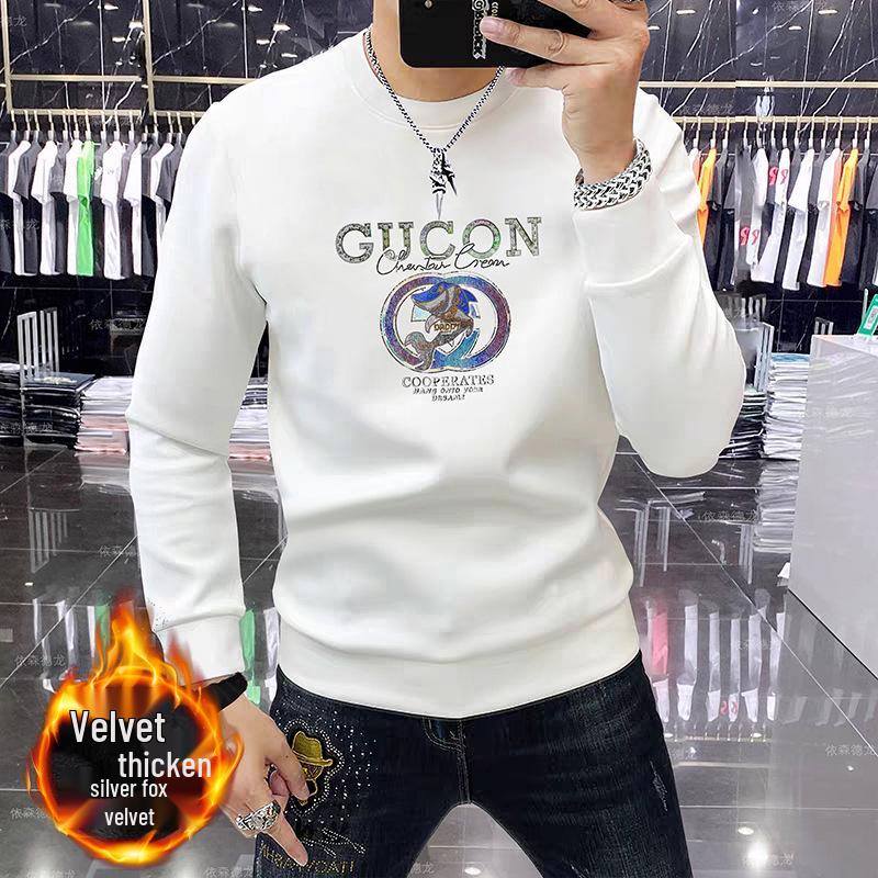 European Trend Men's Round Neck Double-Sided Cotton Hoodie - Comfortable Versatile Plus Velvet Long Sleeve Casual Top for Autumn/Winter
