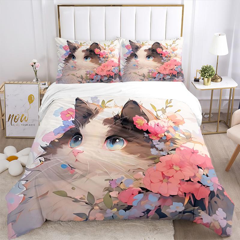 3pcs Artistic Appealing Cat & Flowers Print Bedding Set (1 Cover + 2 Pillowcases, Without Inserts), This Printed Bedding Set is Soft and