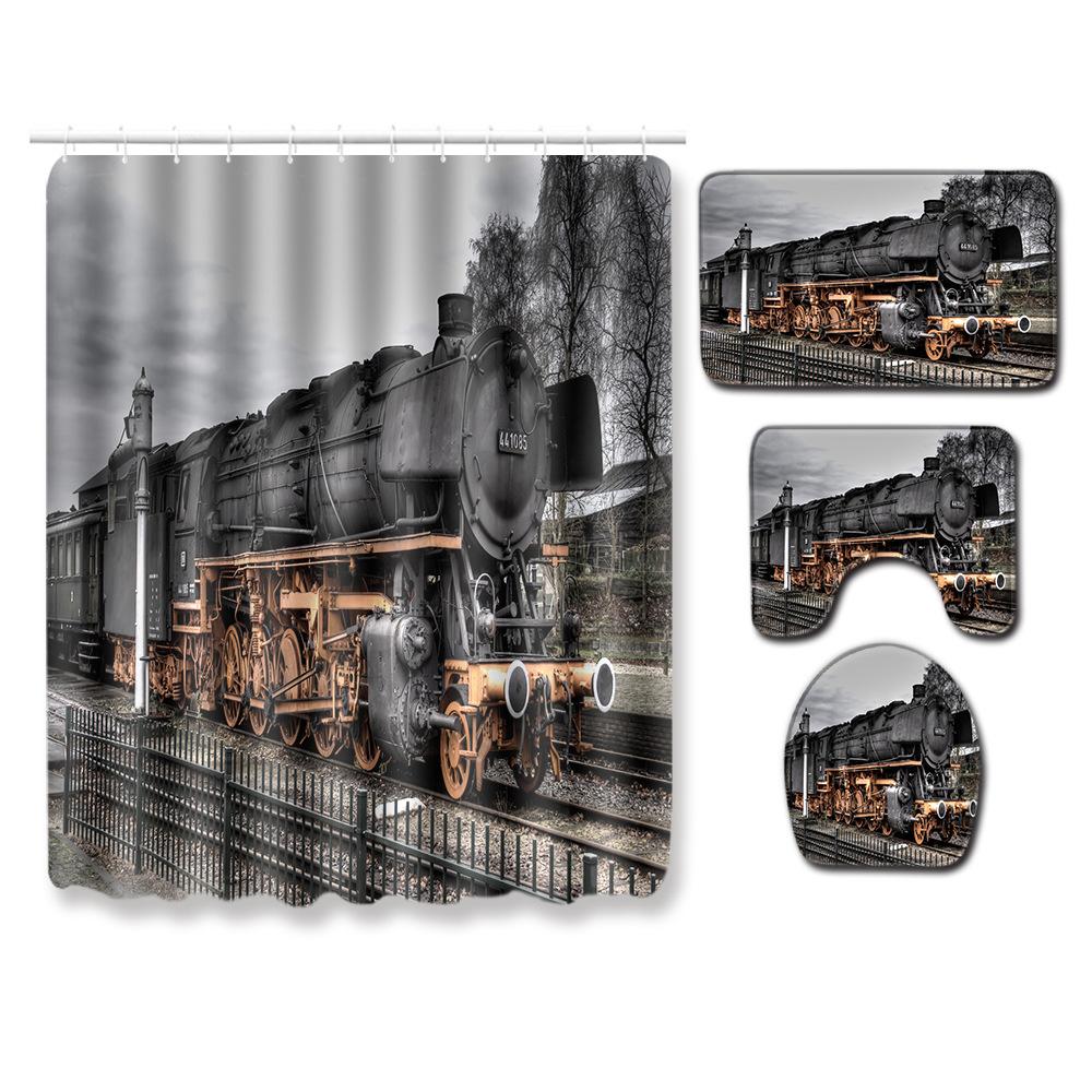 Landscape Shower Curtain Floor Mat Combination Four-Piece Set Bathroom Toilet Carpet Shower Room Mat Foot Mat